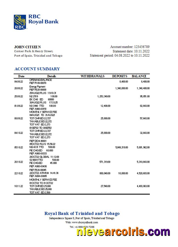 Trinidad and Tobago Royal bank statement